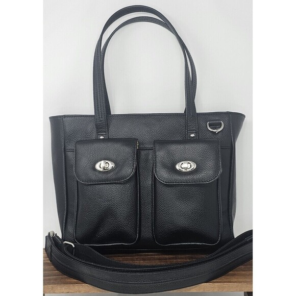 Gun Tote'n Mamas Handbags - Gun Tote'n Mamas Cargo Pocket Black Leather Conceal Carry Tote Bag Turn Locks